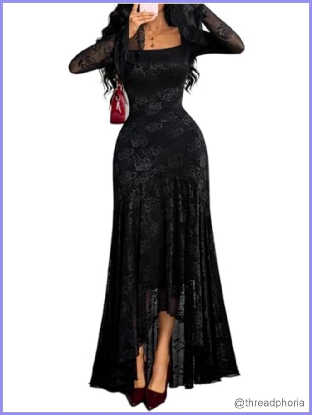 Lace Long Sleeve Square Neck High Low Formal Party Dress